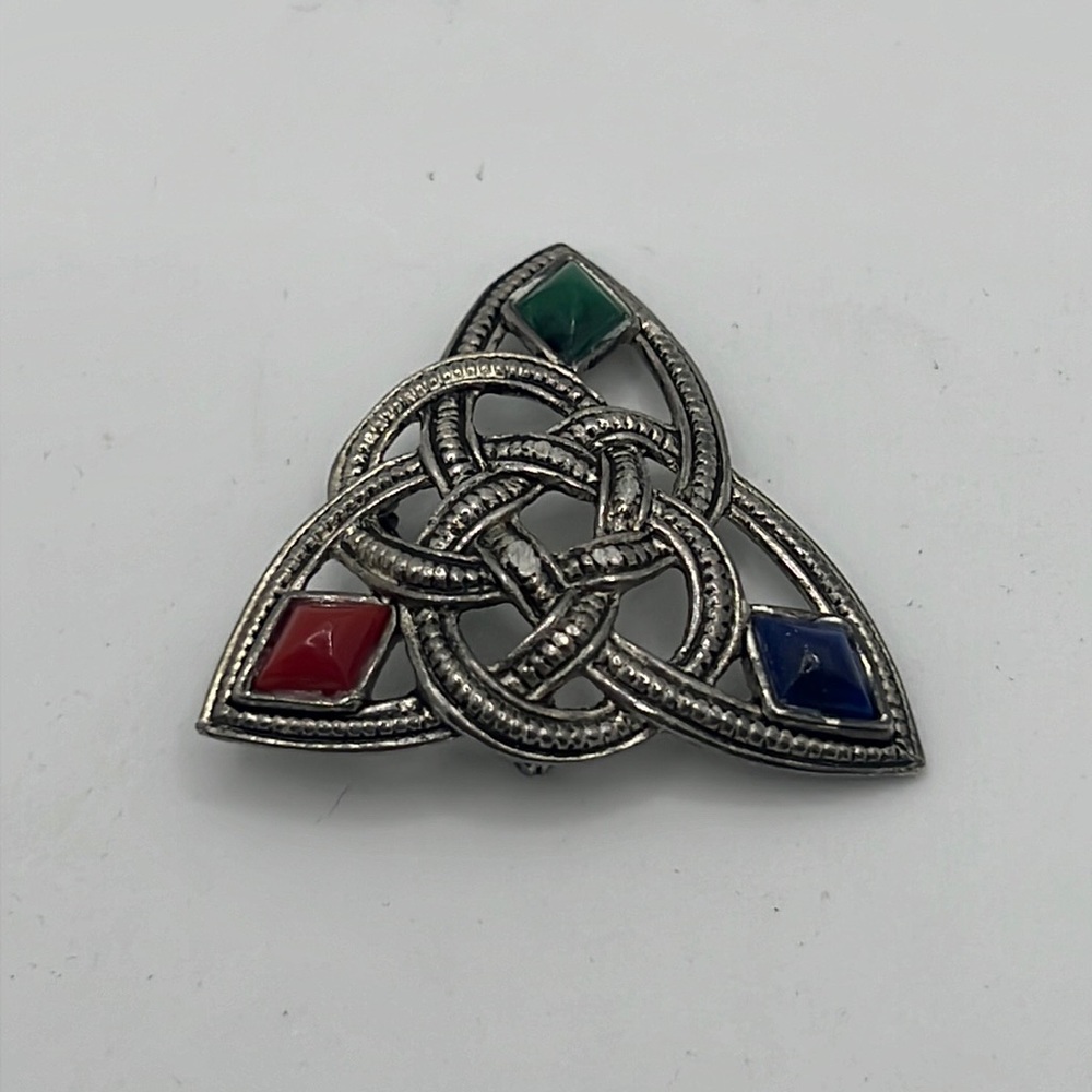 VTG silver Celtic knot with three colored stone pin lapel pin Irish Ireland